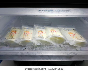 Selangor, Malaysia Mar 2021: Breast Milk Storage Bags With Double Ziplock Inside The Chiller.