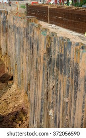 SELANGOR, MALAYSIA Ã¢Â?Â? MARCH 12, 2015: Retaining Wall Steel Sheet Pile At Construction Site. Steel Sheet Pile Used As Temporary Retaining Wall Before Begin The Excavation Works.  