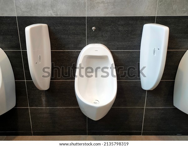SELANGOR, MALAYSIA -MARCH 2, 2022: Urinal bowls\
are installed in men\'s public toilets. Separated by a dividing wall\
to provide privacy to its\
users.