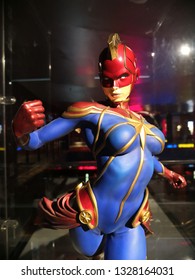 Selangor, Malaysia- March 2019 : Captain Marvel Movie Action Figure Toy Is Display In TGV Golden Cinemas During Predator Movie Showtime At Bandar Utama, Selangor, Malaysia.