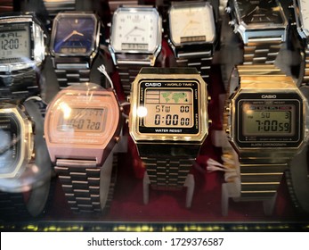 Selangor , Malaysia - May 2020: Closeup CASIO Vintage Watches Brand For Sale In Shop Window. Casio Is  A Japanese Multinational Consumer Electronics Manufacturing Company Headquarted In Japan. 