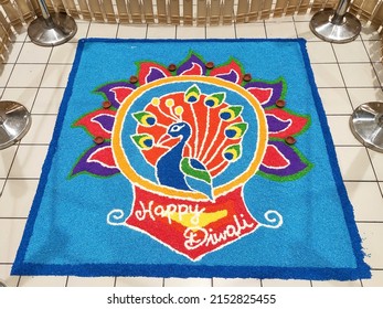 SELANGOR, MALAYSIA -OCTOBER 29, 2021: Attractive Deepavali Kolam Design. Built Using Colored Rice By Experts And Its Design Is Based On Elements In Indian Society. Colorful And Beautiful. 