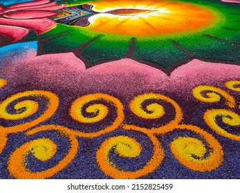 SELANGOR, MALAYSIA -OCTOBER 29, 2021: Attractive Deepavali Kolam Design. Built Using Colored Rice By Experts And Its Design Is Based On Elements In Indian Society. Colorful And Beautiful. 