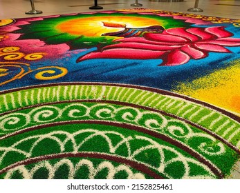 SELANGOR, MALAYSIA -OCTOBER 29, 2021: Attractive Deepavali Kolam Design. Built Using Colored Rice By Experts And Its Design Is Based On Elements In Indian Society. Colorful And Beautiful. 