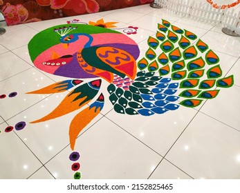 SELANGOR, MALAYSIA -OCTOBER 29, 2021: Attractive Deepavali Kolam Design. Built Using Colored Rice By Experts And Its Design Is Based On Elements In Indian Society. Colorful And Beautiful. 