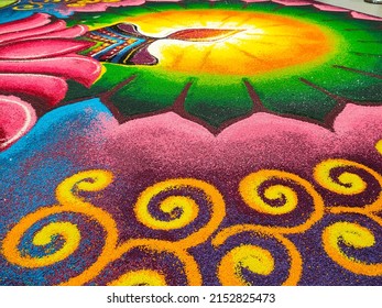 SELANGOR, MALAYSIA -OCTOBER 29, 2021: Attractive Deepavali Kolam Design. Built Using Colored Rice By Experts And Its Design Is Based On Elements In Indian Society. Colorful And Beautiful. 