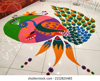 SELANGOR, MALAYSIA -OCTOBER 29, 2021: Attractive Deepavali Kolam Design. Built Using Colored Rice By Experts And Its Design Is Based On Elements In Indian Society. Colorful And Beautiful. 