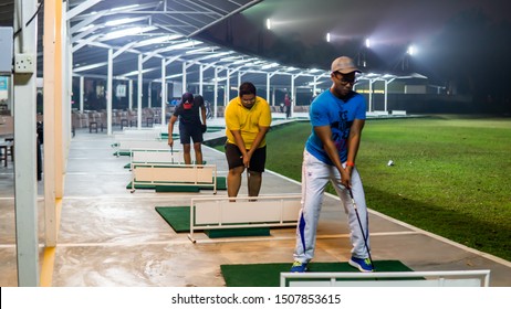 Selangor, Malaysia - September 17, 2019: Unidentified People Playing Golf At Puncak Alam Golf Driving Range During The Night.