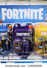 Selangor, Malaysia - September 2019 : Fortnite Character Toy Display For Sale At Toys R Us Store Shelf. 