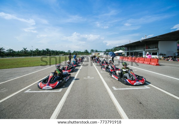 SELANGOR,MALAYSIA - December 11, 2017 : Go kart\
line up on the track ready for start the race in  Selangor,\
Malaysia. Fun and easy\
ride.