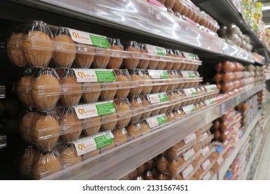 Selangor.malaysia.03.03.2022. Trays Of Chicken Eggs At Supermarket. Chicken Eggs Contain Within A Calcium Carbonate Based Hard Shell.