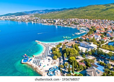 Selce and Poli Mora turquoise beach aerial view, Crikvenica riviera in Croatia