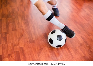 Select Focus To Ball With Futsal Player Shoot Ball To Goal. Indoor Soccer Sports Hall. Football Futsal Player, Ball, Futsal Floor. Sports Background. Youth Futsal League.