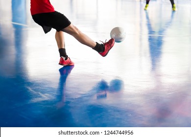 Select Focus To Futsal Player Shoot Ball To Goal. Indoor Soccer Sports Hall. Football Futsal Player, Ball, Futsal Floor. Sports Background. Youth Futsal League.