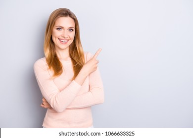 Select indicate confidence list to do buy empty blank place people person concept. Portrait of lovely pretty girl beaming toothy smile showing on copyspace near her shoulder isolated gray background