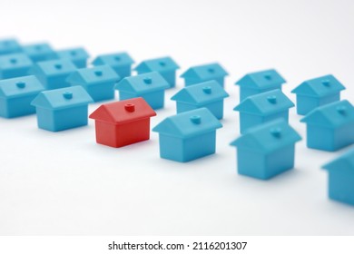 Select right real estate different red house choice estate sale property search home neighborhood house symbol home for sale. Miniature house different choice concept property home real estate success - Shutterstock ID 2116201307