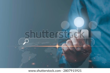 Selecting a candidate through a digital recruitment interface with search and people icons, representing hiring, talent acquisition, human resources, workforce management and employee selection.