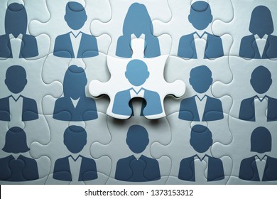 Selecting person and building team. Human resource management and teamwork concept.
Connecting last jigsaw puzzle piece. 
 - Powered by Shutterstock
