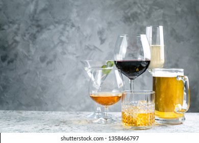 Selection Of Alcoholic Drinks - Beer, Wine, Martini, Champagne, Cognac Whiskey Rustic Background
