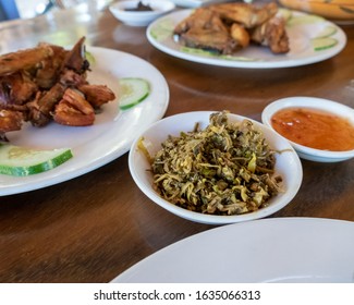 Selection Of Burmese Dishes In Rural Myanmar With Skinny Chicken And Traditional Soup