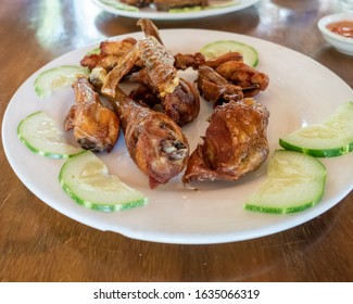 Selection Of Burmese Dishes In Rural Myanmar With Skinny Chicken And Traditional Soup