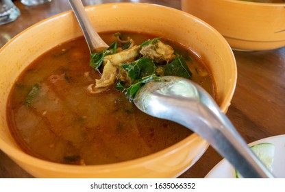 Selection Of Burmese Dishes In Rural Myanmar With Skinny Chicken And Traditional Soup