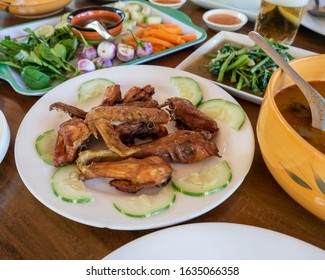 Selection Of Burmese Dishes In Rural Myanmar With Skinny Chicken And Traditional Soup