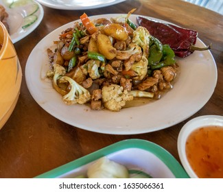 Selection Of Burmese Dishes In Rural Myanmar With Skinny Chicken And Traditional Soup