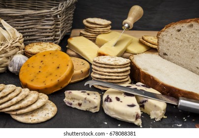 A selection of cheeses, Bread and Biscuits 