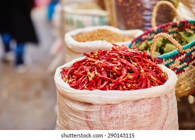 Selection of chili peppers on a traditional Moroccan market (souk) in Fes, Morocco