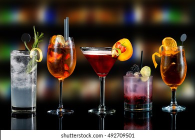 Selection of cocktails martini spritz bramble gin tonic bar blurred background - Shutterstock ID 492709501