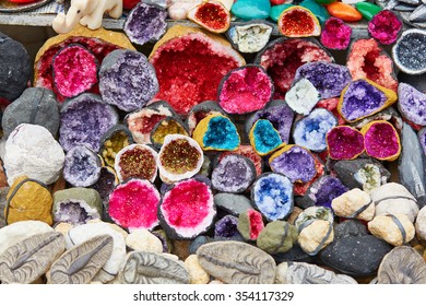 Selection of colorful minerals on a traditional Moroccan market (souk) in Marrakech, Morocco - Shutterstock ID 354117329