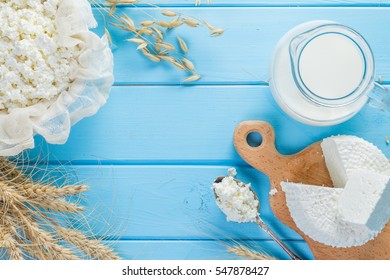 Selection Of Dairy Products Wood Background, Copy Space, Top View