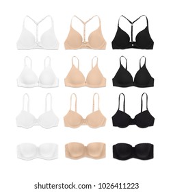 selection of different bra types in white black and nude, racerback, multiway, triangle, shirt-bra, and strapless bandeau bra 