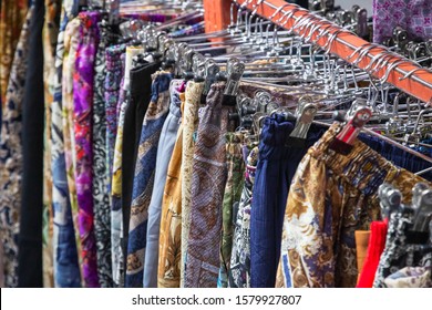 A Selection Of Female Yoga Harem Pants Wide Leg Ethnic Style At Brick Lane Market In London