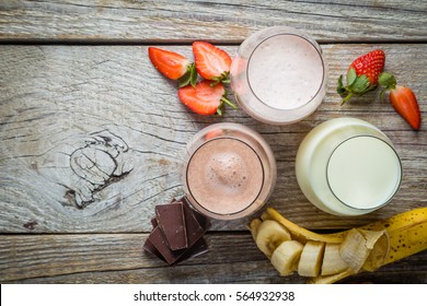 Selection Of Flavoured Milk - Strawberry, Chocolate, Banana, Copy Space