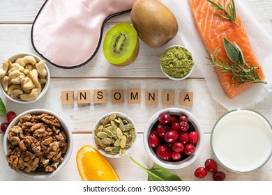 Selection Of Food For Better Sleep Insomnia Rich In Tryptophan And Melatonin, Copy Space