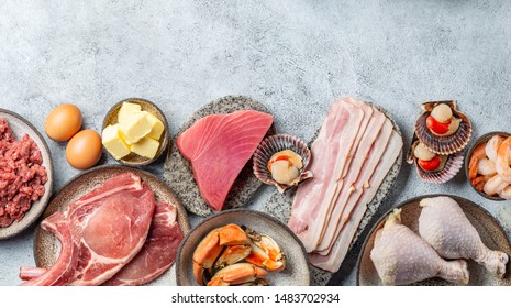Selection food for CARNIVORE DIET. Seafood, Meat, megs and fat. Zero carbs diet concept. - Shutterstock ID 1483702934