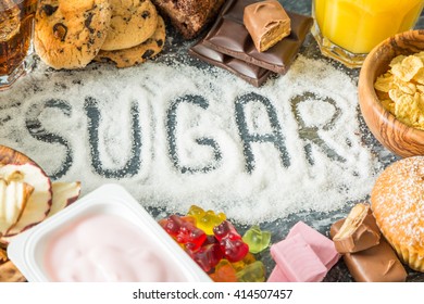 Selection Of Food High In Sugar, Written Sugar