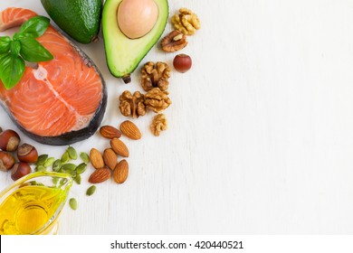 selection Food sources of omega 3 and healthy fats. Top view with copy space