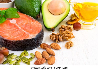 Selection Food Sources Of Omega 3 And Healthy Fats, Copy Space