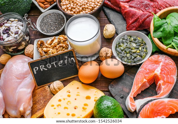 selection food sources of protein. healthy diet eating concept. close up