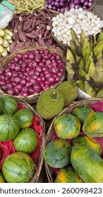 A selection of fresh fruit and vegetable local produce at market stall in Sri Lanka