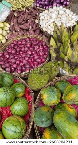A selection of fresh fruit and vegetable local produce at market stall in Sri Lanka