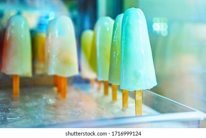 Selection Of Frozen Fruit Sorbet Icecream In The Fridge On Display At The Cafe In Positano Town, Amalfi Coast, Italy. Summer