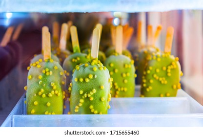 Selection Of Frozen Pistashio Icecream In The Fridge On Display At The Cafe In Positano Town, Amalfi Coast, Italy. Summer