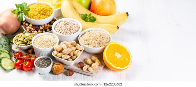 Selection Of Good Carbohydrates Sources - Vegetables, Fruits, Grains, Legumes, Nuts And Seeds. Healthy Vegan Diet