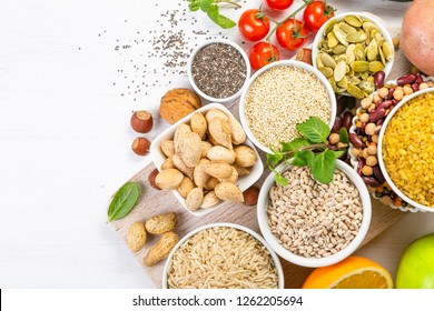 Selection Of Good Carbohydrates Sources - Vegetables, Fruits, Grains, Legumes, Nuts And Seeds. Healthy Vegan Diet