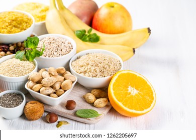 Selection Of Good Carbohydrates Sources - Vegetables, Fruits, Grains, Legumes, Nuts And Seeds. Healthy Vegan Diet