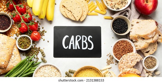 Selection Of Good Carbohydrates Sources - Vegetables, Fruits, Grains, Legumes, Nuts And Seeds On White Background, Top View.